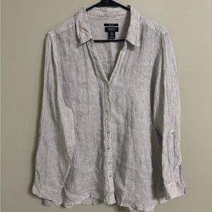 Jones New York Size 1X Shirt Top Gray Black Stripe Button Front Down 100% Linen